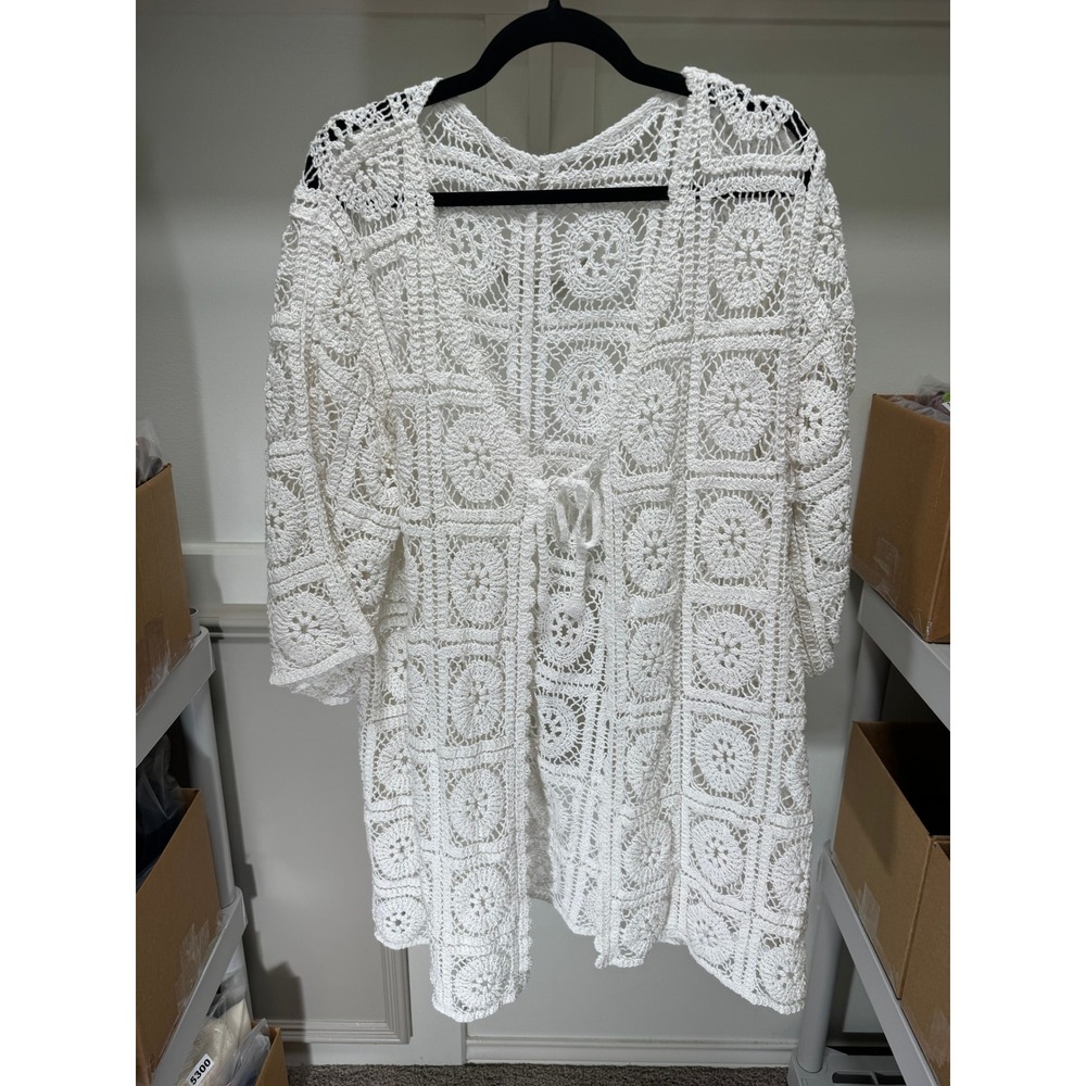 Unbranded Crochet Cardigan Womens XL White Granny Square Cottagecore Beach